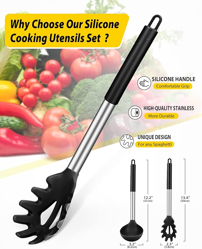 Silicone Pasta Fork and Ladle Spoon Set, Large Non Stick Kitchen Utensils for Cooking,Stirring,Serving Spaghetti, Soup, Sauce (BLACK)