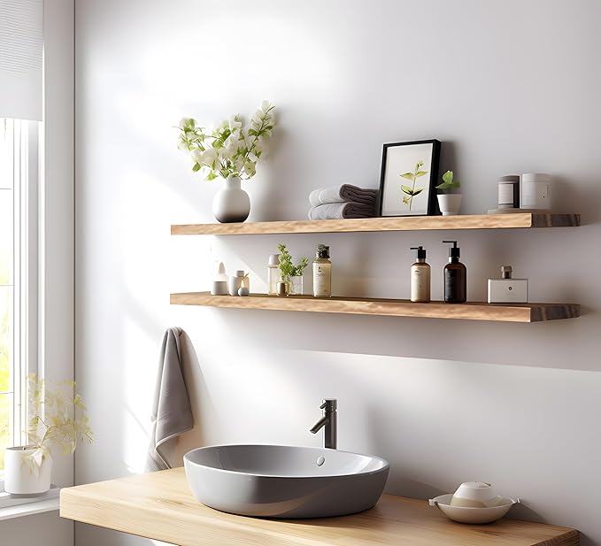 Wood Floating Shelves for Wall Decor, Rustic Wall Shelves for Bedroom Bathroom Kitchen Living Room, Set of 4 Light Walnut 48 Inch