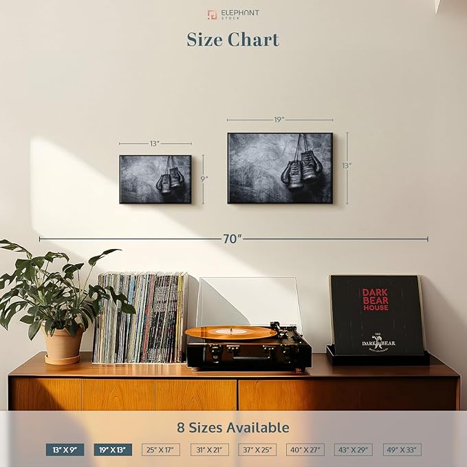 ElephantStock Boxing Gloves Wall Art - Horizontal Framed Canvas - 1-Piece Living Room Wall Decor - Photography Sports Canvas Print - Black and Gray Decor for Wall - 19" X 13"