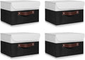 ANMINY 4PCS Storage Boxes with Lid Washable Decorative Storage Bins Basket with PU Leather Handle Foldable Linen Fabric Storage Cubes Containers for Home Closet Organizer - Black White, Small Size