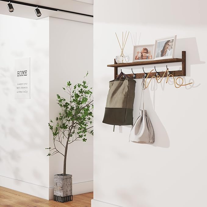 BAMEOS Wall Mounted Coat Rack with Adjustable Easy Install, Rust Proof, Brown Wooden Material, 28.9 Inch Length