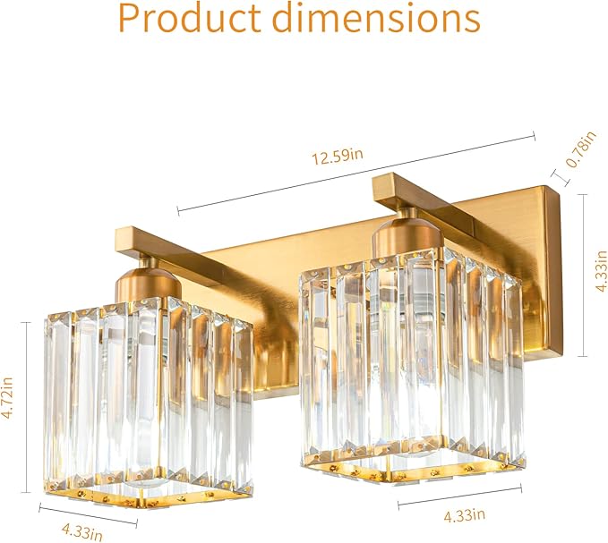 Modern Bathroom Vanity Light 2-Lights Gold Crystal Bathroom Wall Light Vanity Light Fixtures，12.59-inch Modern Minimalist Design