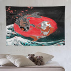Houselerax Koi Fish Tapestries,Japanese Style Yin Yang Big Wave Cherry Blossoms Tapestry Wall Hanging for Bedroom Living Room Office Decor 90"x60"
