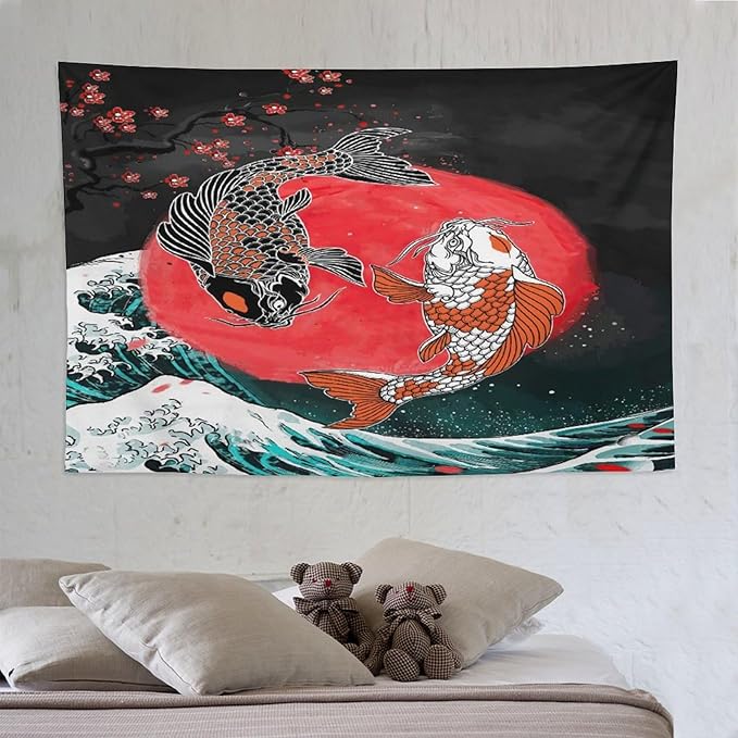 Houselerax Koi Fish Tapestries,Japanese Style Yin Yang Big Wave Cherry Blossoms Tapestry Wall Hanging for Bedroom Living Room Office Decor 90"x60"