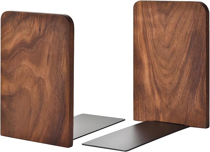 Book Ends, Black Walnut Wooden Bookends for Shelves - Heavy Duty Non-Slip Book Organizers, Upgraded Decorative Bookend Holders for Home, Kitchen, Office, Set of 2, Medium