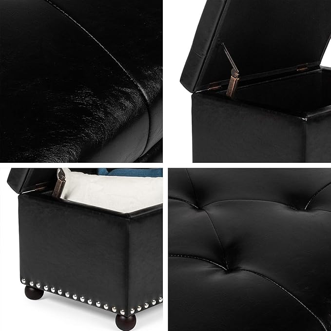 Joveco Leather Storage Ottoman, 24" Rectangle Tufted Foot Rest Stool, for Living Room Bedroom, Midnight Black