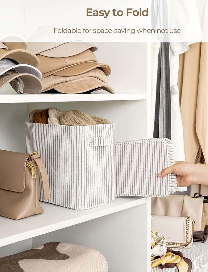 StorageWorks Narrow Storage Bins, Small Basket for Closet and Shelves, Rectangular Fabric Organizer with Handles, Toilet Paper Storage, Gray and White Stripes, 2-Pack