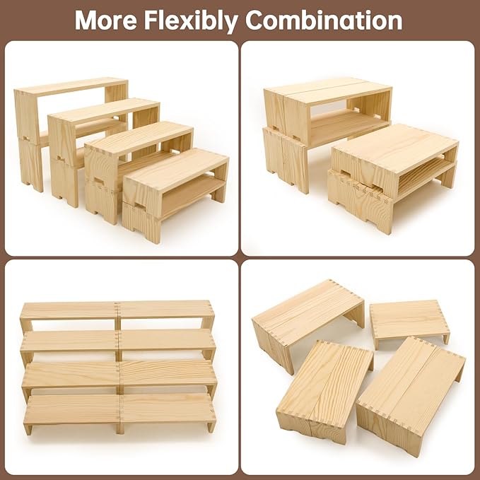Large Display Wood Risers Wooden Stand 8 Tier Wood Racks Decorative Rectangular, 2 Set 8 Pieces Cupcake Stands Cologne Perfume Organizer Dessert Showcase Items(nature)