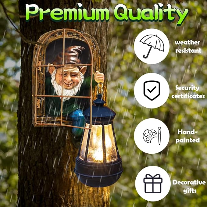 Whimsical Fairy Garden Halloween Gnomes with Solar Lights-10 Elf Out The Door Tree Hugger Garden Statues-Outdoor&Yard Decor-Tree Face Sculpture,Ideal Gifts - Yard Art for Patio,Fence,Wall