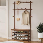 Bamboo Hall Tree with 13 Hook, 6-in-1 Entryway Bench with Coat Rack Freestanding, Coat Rack with Shoe Storage Bench Organizer for Mudroom, Bedroom, All-in-One Shoe Rack,Walnut