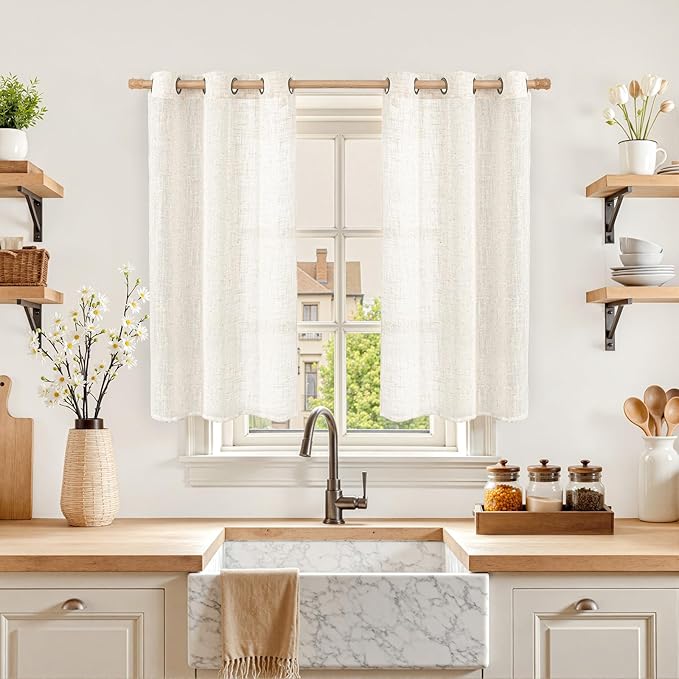 LAMIT Short Sheer Linen Curtains 40 inches Long, Bronze Grommet Linen Drapes Light Filtering Semi Sheer Curtains for Small Window/Kitchen/Farmhouse, 2 Panels (34 x 40 Inch, Cream)