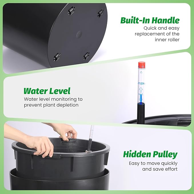 Tall Round Planter Set of 2, 19.5‘’ H x 19.9" Dia Large Planters for Indoor Plants with Built-in Drainage and a Water Level Monitor and Wheels for Patio, Porch, Living Room, or Home Office, Black