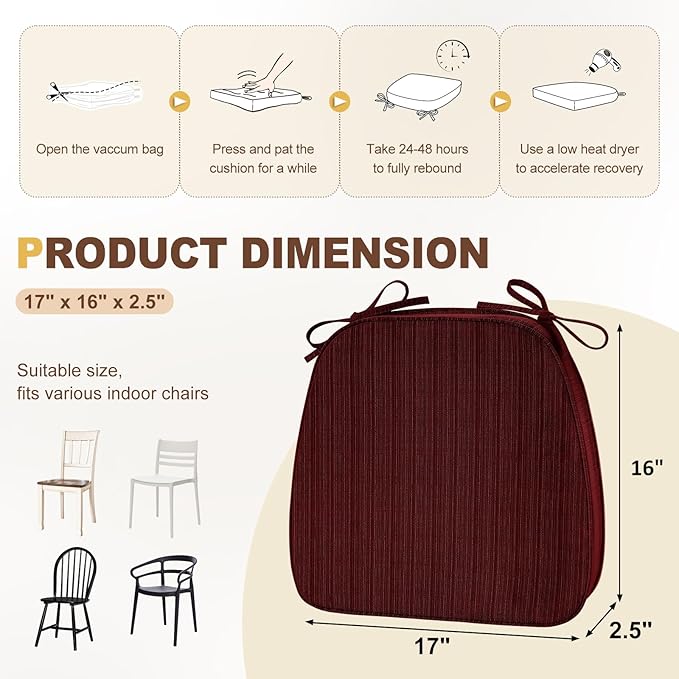 downluxe Chair Cushions for Dining Chairs, Waterproof Kitchen Chair Pads, Non-Slip Dining Seat Cushion with Ties, 17" x 16" x 2.5", Burgundy, 4 Pack
