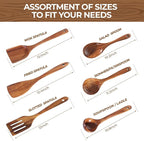 AIUHI Nonstick Natural Wooden Kitchen Utensils Set, Smooth Finish Teak Wood Spoons for Cooking, Comfortable Grip Spatula for Elaborate Cooking 6Pcs