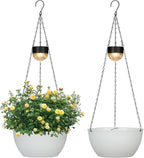 2 Packs Hanging Planters Basket for Outdoor Plants, Solar Powered Self Watering White Round Plastic Flower Pots with Drainer for Balcony Patio Garden Outdoor Decoration