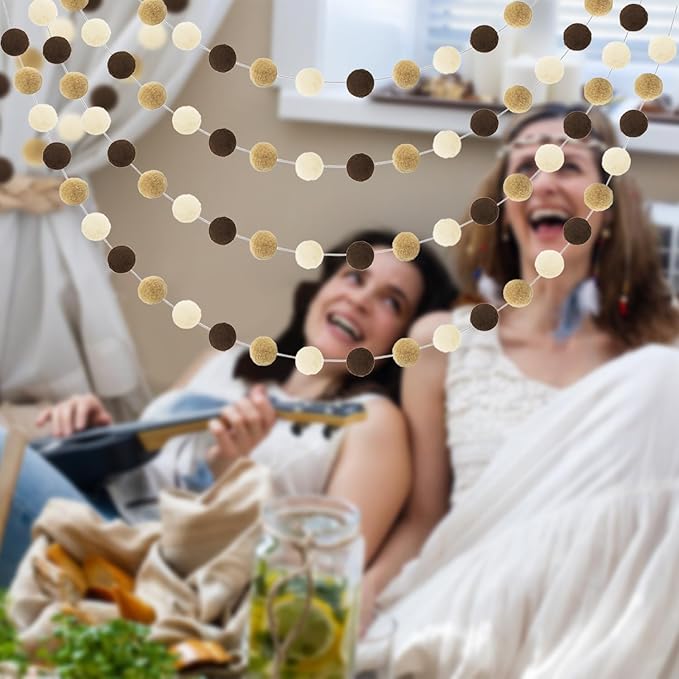 Jishi Pom Pom Garland Boho Party Decorations, 3-Pack Brown Khaki Beige Felt Ball Garland Cute Pastel Rainbow Pompom Strings, Christmas Birthday Wedding Rustic Boho Home Decor Supplies, Xmas Tree Decor