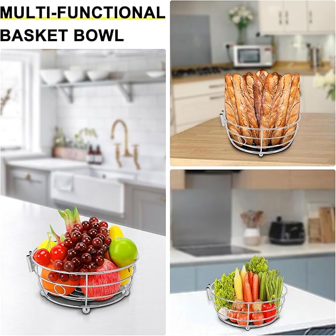 Livabber Countertop Fruit Basket Bowl with Banana Hanger, Modern Standing Fruit Vegetable Bowl Storage, with Banana Tree Holder for Kitchen Dinning Table (Round Metal, Chrome)