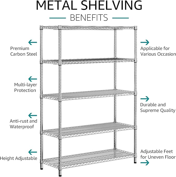 IZEUK 4250 LBS Garage Shelving Wide Storage Shelves 5 Tier Metal Shelves Heavy Duty Adjustable Utility Shelf Rack Chrome 17.7" D x 47.2" W x 70.4" H