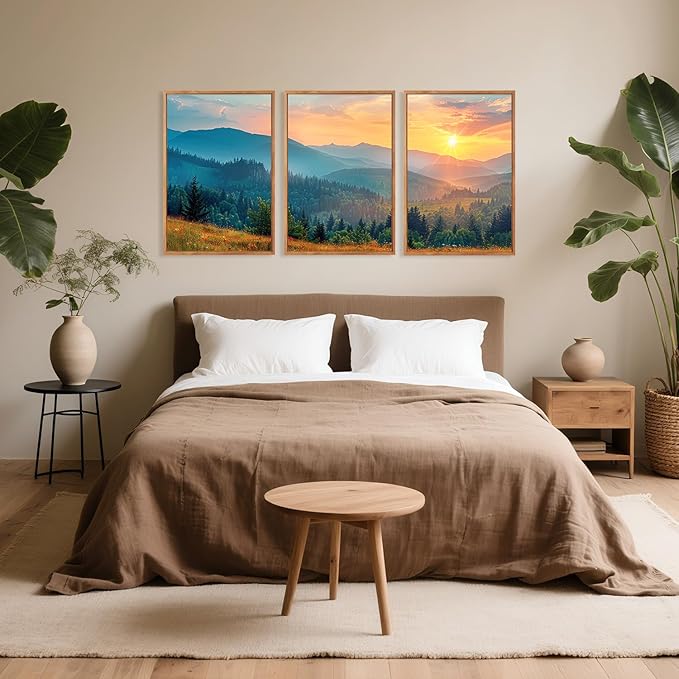 Aurlan Boho Mountain Sunset Landscape Framed Wall Art(16"x24"), 3PCS Green Blue Ridge Grand Teton National Park Canvas Artwork, Abstract Modern Watercolor Nature Forest Scenery Decor for Home Office Bedroom