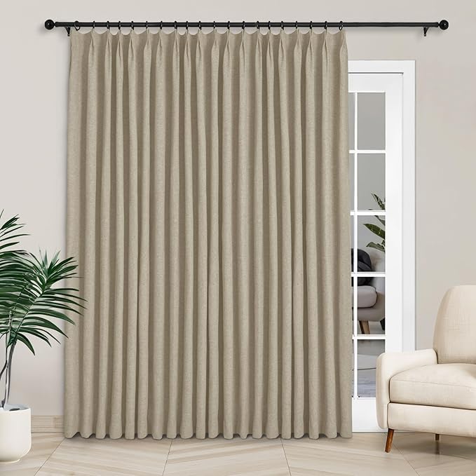 Macochico 100”Wx102”L 100% Blackout Pinch Pleated Linen Curtains for Sliding Door Bedroom Living Room Farmhouse Thermal Insulated Light Khaki Burlap Drapes with Tieback 1 Panel Shabby Chic Style
