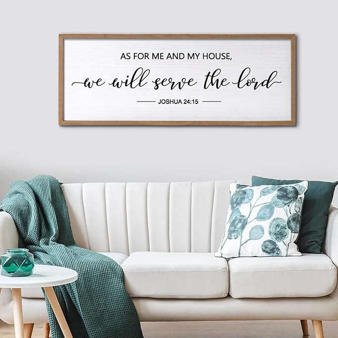As For Me And My House We Will Serve The Lord Framed Wall Art, 32''×12'' Horizontal Positive Religious Rustic Bible Verse, Vintage Holy Catholic Scripture Decor for Christian God Jesus Christ Prayer