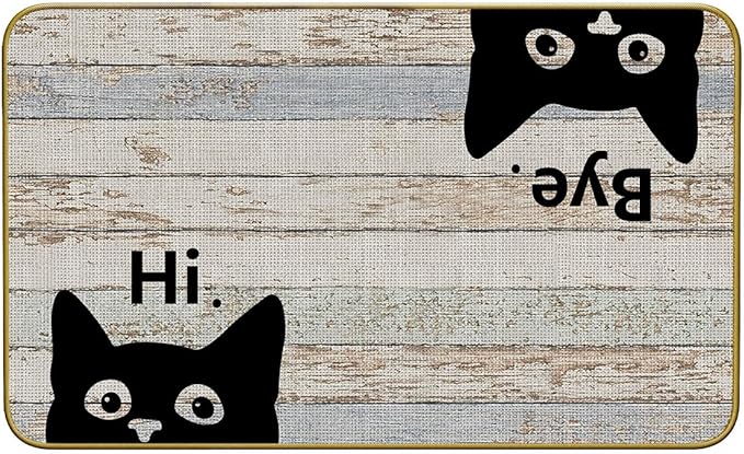 Mingnei Hi Bye Cat Welcome Doormat - Door Mat for Home Kitchen Entrance, Funny Black Cat Lover Floor Mat for Indoor/Outdoor Entryway Rug 30x17 (Grey)