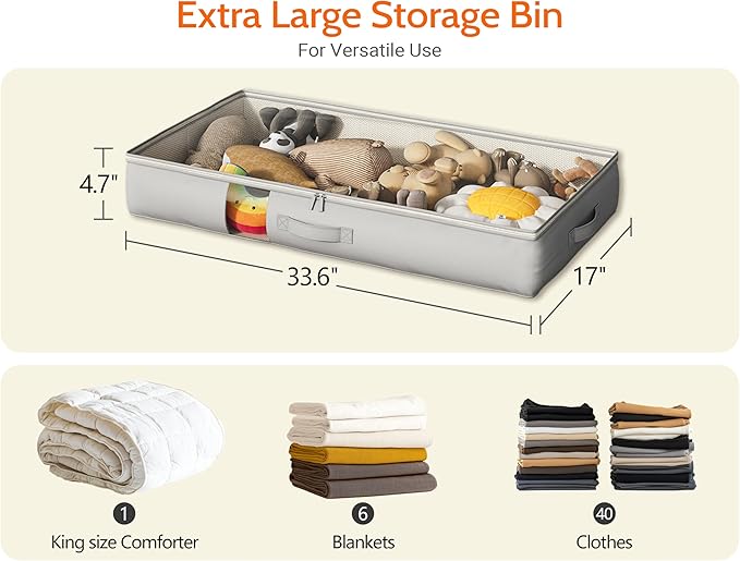 Under Bed Storage Containers with Window, Closet Organizers and Storage Bags, Foldable Underbed Storage Bags for Blankets, Clothing, Comforter, Linen Sheets, Wrapping Paper, 3 Pack, Grey