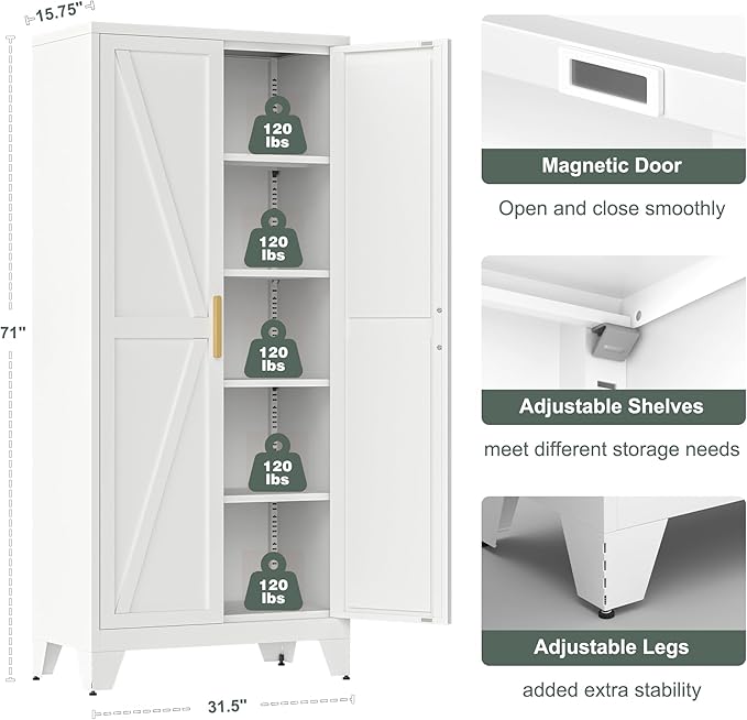 71'' Farmhouse Metal Storage Cabinet with Barn Doors,Steel File Cabinet for Home Office,Kitchen Pantry 4 Adjustable Shelves,Freestanding Cupboard for Kitchen,for Home Office,School (White)