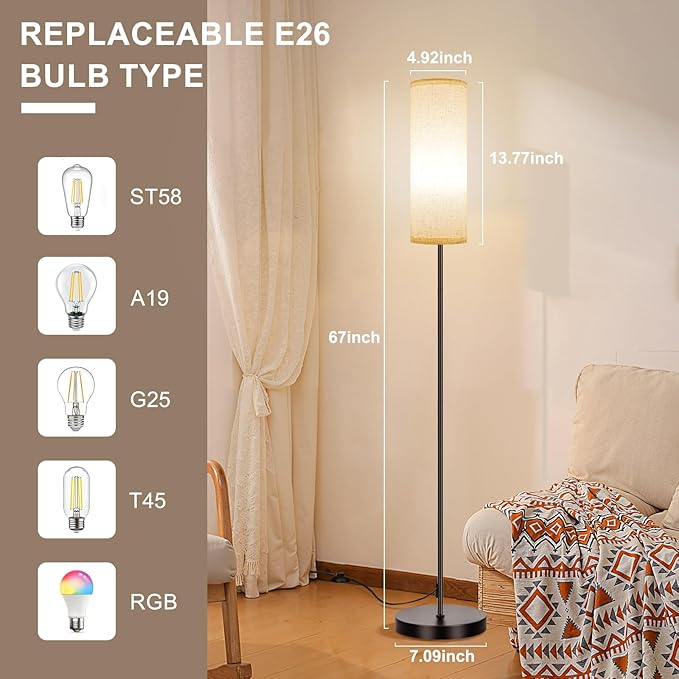 FRIDEKO HOME Floor Lamps for Living Room, Dimmable 3 Colors Temperature, Modern Corner Floor Lamp with Remote, Tall Standing Lamps for Kid Room Bedroom, Foot Switch, Beige Shade, 9W RGB LED Bulb