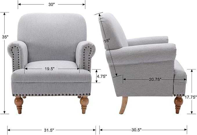chairus Linen Accent Chair for Living Room Upholstered Mid Century Modern Single Sofa Chair with Solid Wood Legs Comfy Reading Chair Armchair for Bedroom/Office Room/Recption/Lounge, Grey