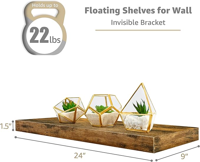 Sorbus Floating Shelves for Wall - 24" Bathroom Shelves, Wall Decor for Bedroom, Kitchen, Living Room, Home Decor & Book storage - Mounted Floating Shelf with Invisible Brackets (Rustic Brown, 3 Pack)