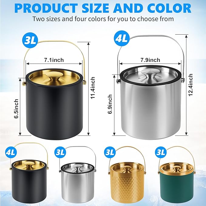 Ice Bucket, Ice Bucket with Silicone Sealing Ring Double-Wall Vacuum Insulation Champagne Buckets with Filter Layer Ice Tongs Ice Scoop (Black, 3 L)