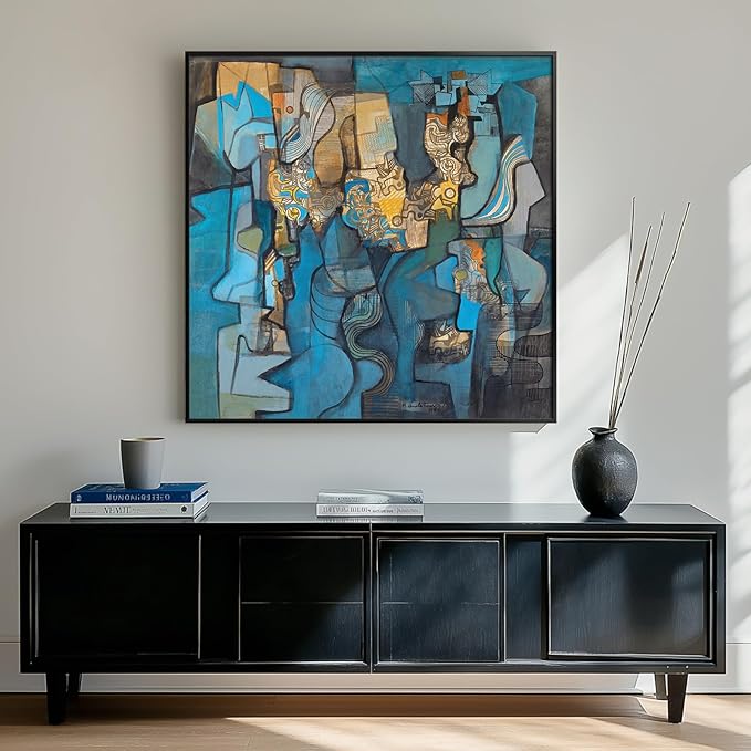 Framed Blue Modern Abstract Wall Art, Large Canvas Paintings Artwork for Walls, Minimalist Art Prints Pictures for Living Room, Hallway, Bedroom, Office, Bathroom Wall Decor -24x24 Inch