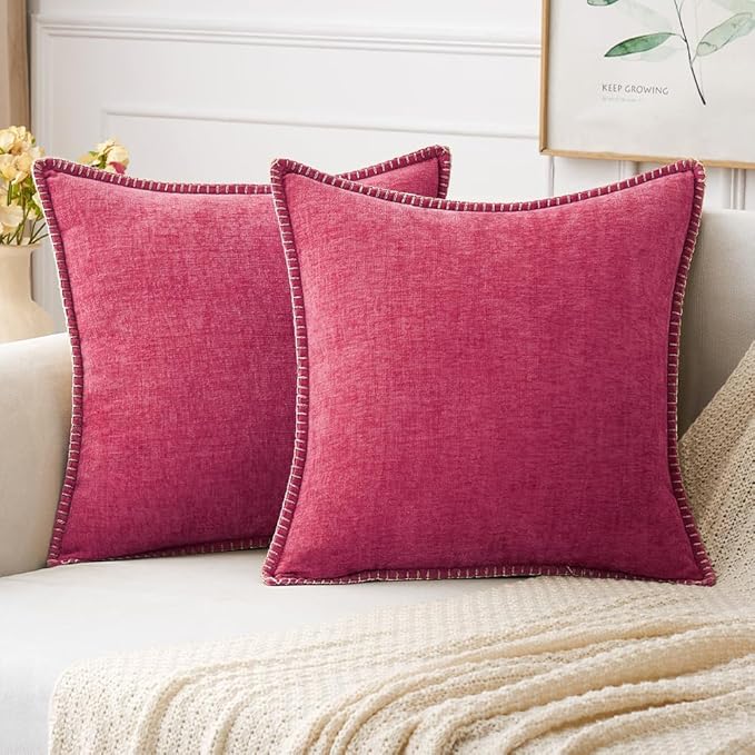 MIULEE Pack of 2 Couch Throw Pillow Covers 20x20 Inch Hot Pink Farmhouse Decorative Pillow Covers with Stitched Edge Soft Chenille Solid Dyed Spring Pillow Covers for Sofa Bed Living Room