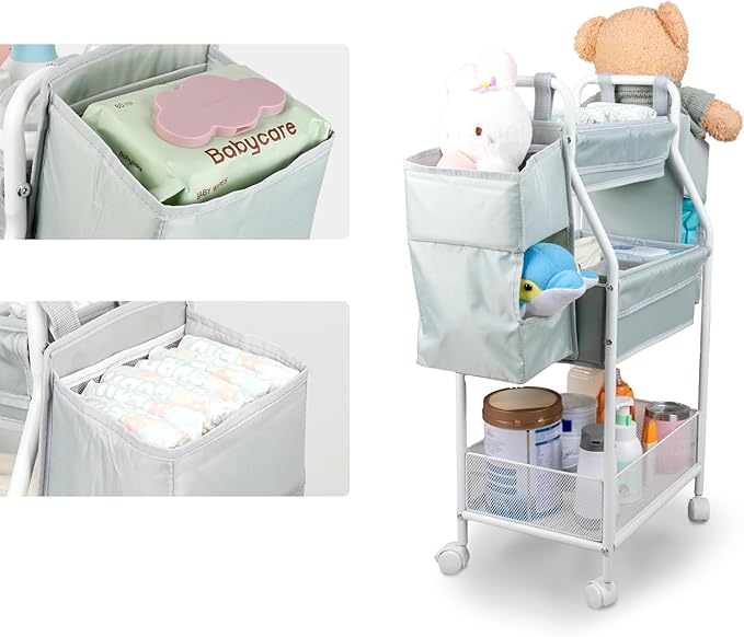 Moteph Rolling Utility Cart with Side Storage - Diaper Organizer, Nursery Essentials, and Craft Organizer (with_Side_Storage)