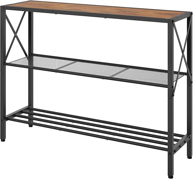 Hoctieon Industrial Console Table, 3 Tier Entryway Table, Hallway Table, Narrow Sofa Table with Shelves, Entrance Table for Entryway, Living Room, Foyer, Hallway, Office, Rustic Brown&Black