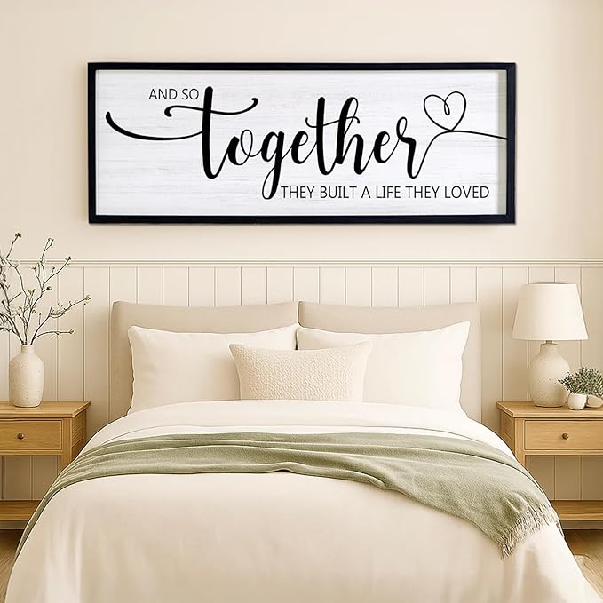And So Together They Built A Life They Loved Decorative Rustic Sign & Plaque Framed Wall Art for Couples, 40''×15' Vintage 'Wooden Long Wall Decor Above Bed, Horizontal Farmhouse Wedding Gift