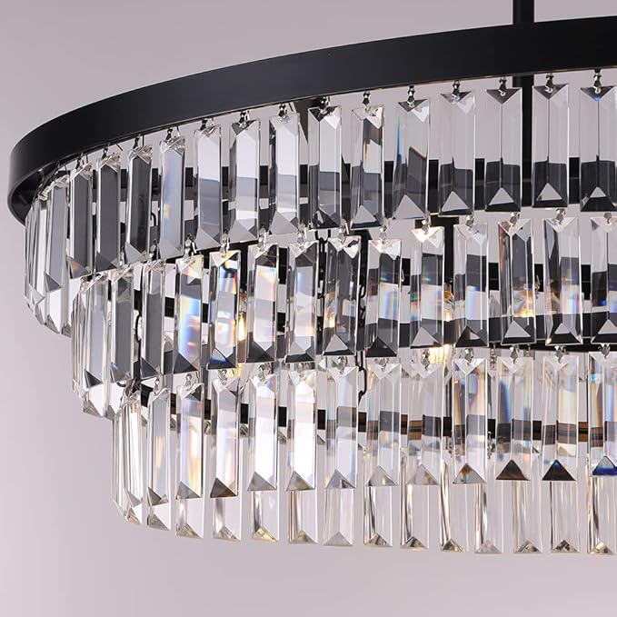 TOCHIC Chandelier 40 inch, Farmhouse Black Crystal Chandelier, Kitchen Island Lighting, Dining Room Light Fixture for High Ceiling, Modern Linear Oval Chandeliers for Living Room, Office Area, Bar