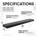 Homeforia Black Floating Shelves 36 inches Long, High End Solid Real Wood 36 inch Floating Shelf for Wall Mounted, Black Wooden 36in Floating Shelves, Heavy Duty Bracket, 36 X 6.5 X 1.75 in, Set of 2