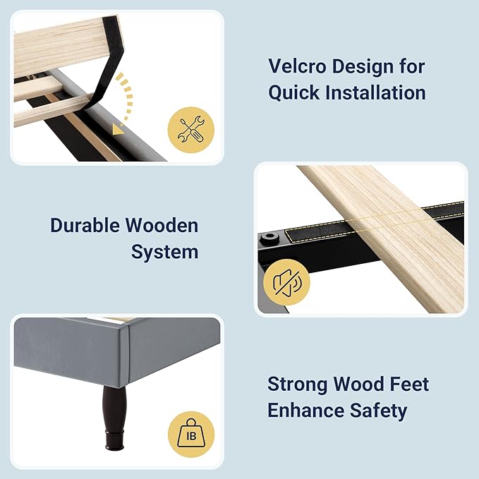 Allewie Full Size Bed Frame with Adjustable Velvet Tiara Headboard, Upholstered Diamond Button Tufted Platform Bed, Wood Slats Support, No Box Spring Needed, Light Grey