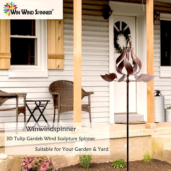 Wind Spinners Outdoor - Large Tulip Metal Bronze Color Wind Sculptures & Spinner, Kinetic Gift Ideal Windmill Decor for Garden and Yard (75 inch Height)