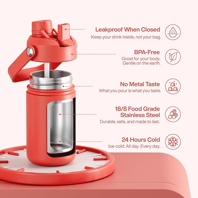 Kids Insualated Water Bottle with Straw - 12oz Stainless Steel Water Bottle with Dual Spouts, Leak-Proof, BPA-Free, Double Wall Vacuum Keeps Cold for 24 Hours for Sports, Travel, School (Tawny Orange)