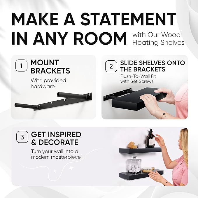 Homeforia 16 inch Black Floating Shelves, High End Solid Real Wood 16inch Bathroom Floating Shelves for Wall Mounted, 16in Wooden Small Floating Shelf, Heavy Duty Bracket, 16 X 6.5 X 1.75 in, Set of 2
