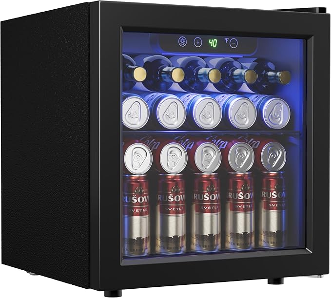 48 Can Beverage Refrigerator Cooler, Mini Fridge Glass Door with Adjustable Shelves, Freestanding Beverage Fridge with Blue LED for Home/Office/Dorm/Bar, 1.3 Cu.ft