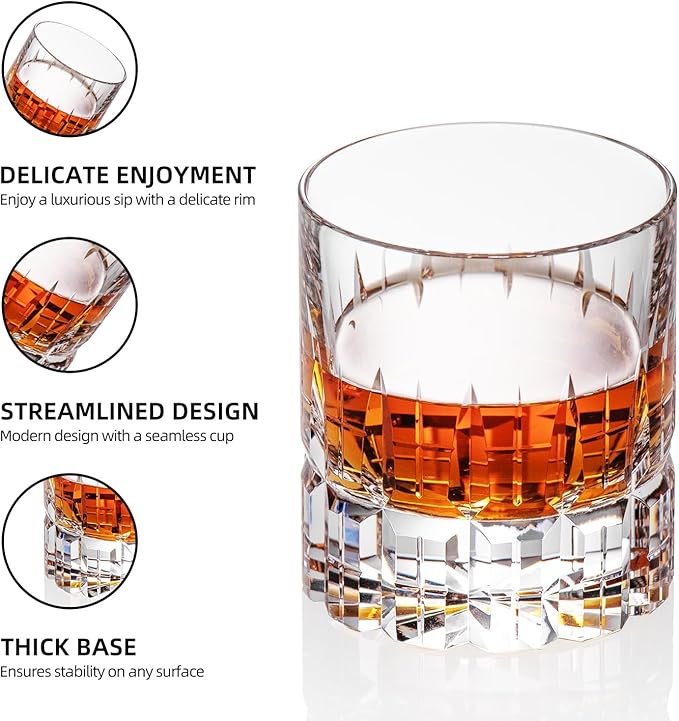 KAMMAK Crystal Whiskey Glasses Set of 2, Luxury 7.78oz Old Fashioned Glasses Stemless, Hand Blown Cocktail Glasses, Handcrafted Engraved Scotch Cup for Women, Men Gift for Bourbon Barware