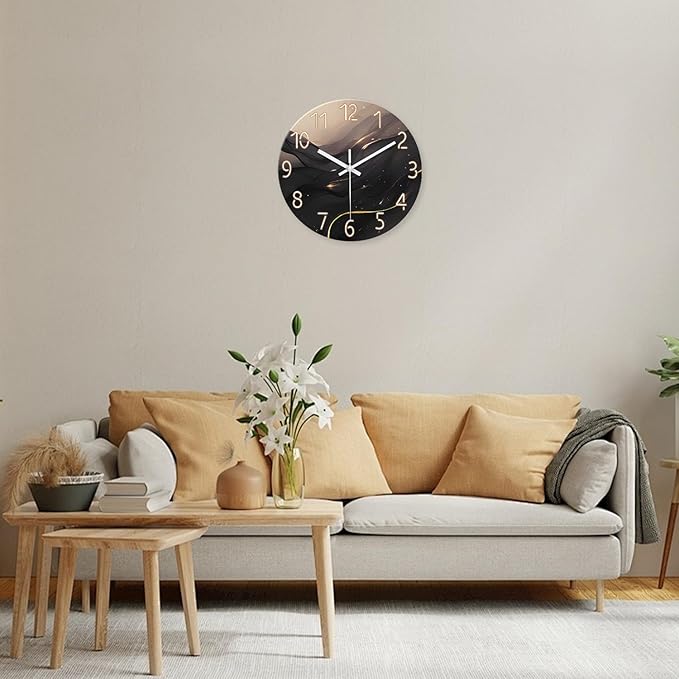 Large Wall Clocks Battery Operated 16 Inch Marble Glass Wall Clock for Living Room Black and Glod Wall Clock Silent Non Ticking