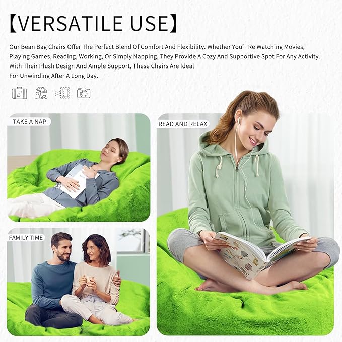 Bean Bag Chair for Adults 5FT,Soft Removable Cover for Teens/Girls Bedroom,Fluffy Giant Round Floor Beanbag Lounger Chairs (No Filler,Green)