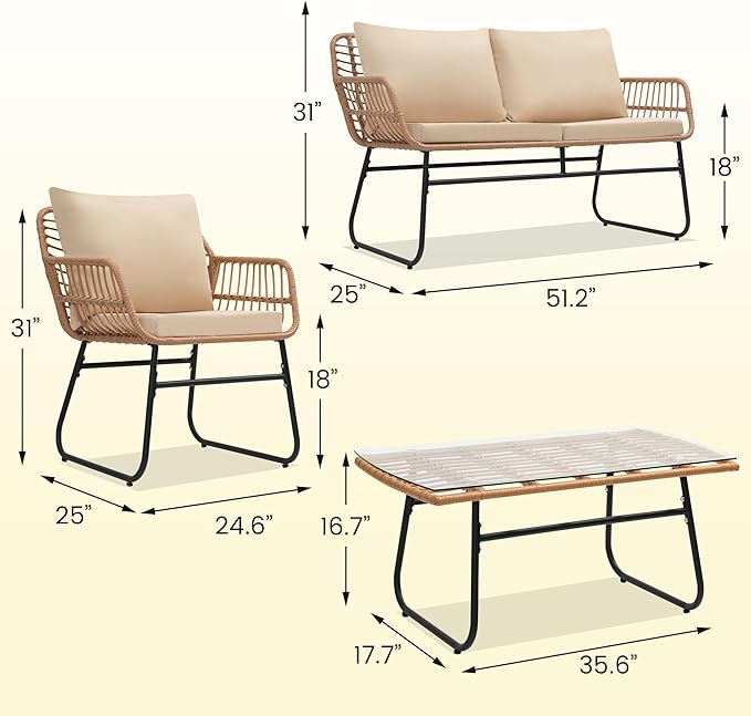 Kromax 4 Piece Patio Bistro Outdoor Furniture Set, Wicker Sofa, 2 Rattan Chairs, and Table, Backyard Conversation Set, All Weather Cushions, Natural Rattan Beige Cushion
