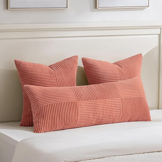 Fancy Homi Set of 2 Coral Boho Long Lumbar Body Decorative Throw Pillow Cover 14x36 Inch for Bed Couch Bedroom Bench, Soft Patchwork Corduroy Textured Pillow Case, Rustic Farmhouse Room Décor