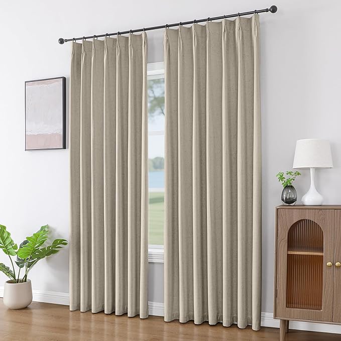 Joydeco Pinch Pleated Linen Curtains for Living Room, 100% Blackout Darkening Curtains 72 inches Length 2 Panel Thermal Insulated Pinch Pleat Drapes(Cobblestone,40'' Wx72'' L)